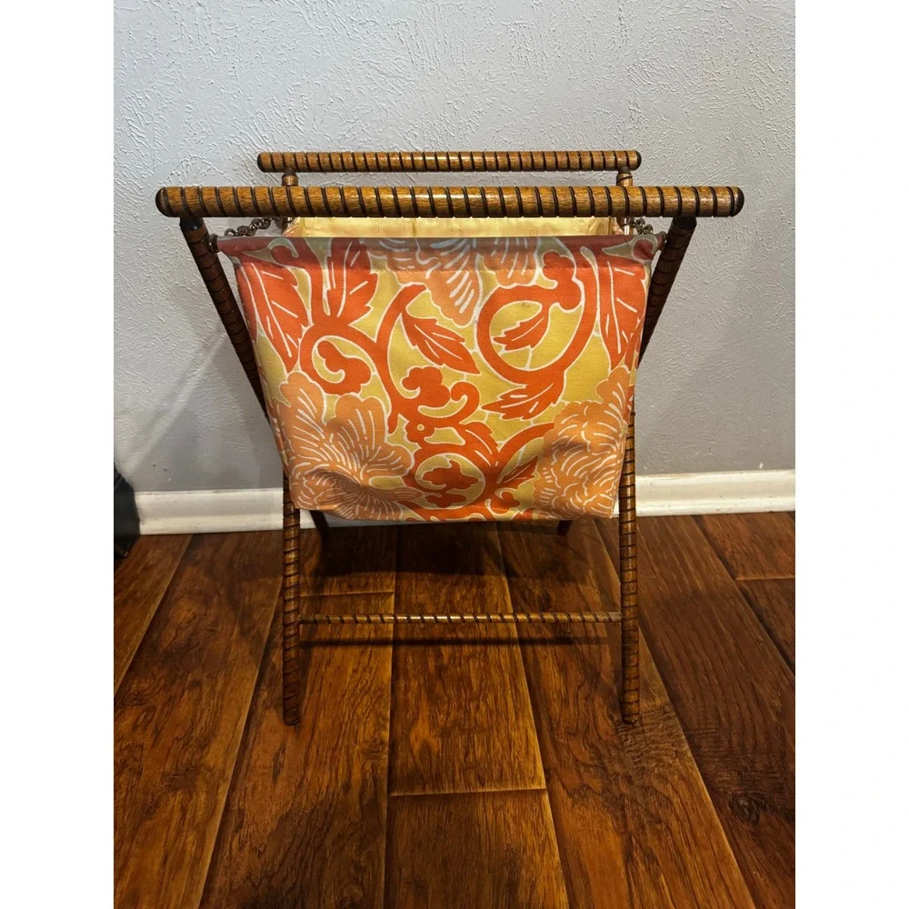 Vintage 1970s Wooden Knitting Bag Yarn Tote Needlework Sew Caddy Floral MCM Boho